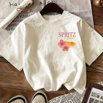 Top girocollo con stampa di cocktail e lettere dei cartoni animati Top casual estivo a maniche corte da donna in stile semplice e versatile