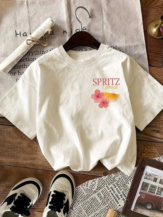 Cocktail Print and Cartoon Letter Crew Neck Top Versatile Simple Style Women's Short Sleeve Summer Casual Top