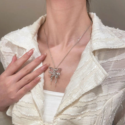 Y2K Sweet Cool Liquid Pink Butterfly Pendant Necklace Female Pink Zircon Water Drop Versatile Necklace Summer New Jewelry PlatiNum