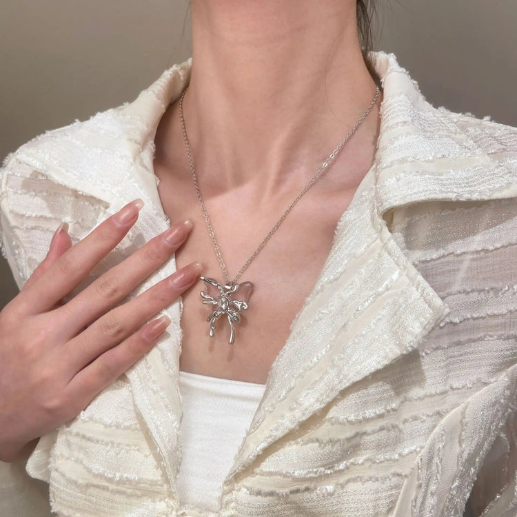 Y2K Sweet Cool Liquid Pink Butterfly Pendant Necklace Female Pink Zircon Water Drop Versatile Necklace Summer New Jewelry PlatiNum