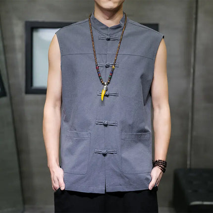 Canotte da uomo senza maniche in cotone stile cinese, gilet casual vintage, gilet estivi traspiranti, magliette larghe da uomo, abito Tang