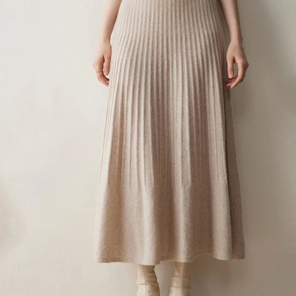 New Arrivals Women Cashmere A-line Skirt Elastic Waist Pleated Skirt 100% Cashmere Knitted Autumn Winter Thin Office Lady Dress PlatiNum