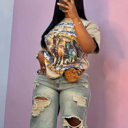 Europe America Summer New High-waisted Loose, Vintage, Ripped Denim Mid-length Straight-leg Wide-leg Pants. Casual Denim Shorts PlatiNum