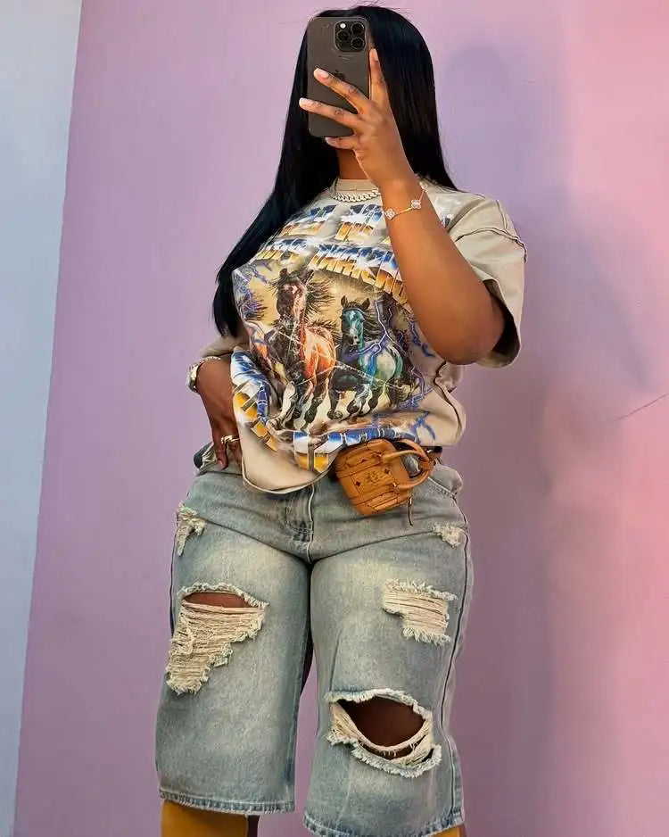 Europe America Summer New High-waisted Loose, Vintage, Ripped Denim Mid-length Straight-leg Wide-leg Pants. Casual Denim Shorts PlatiNum