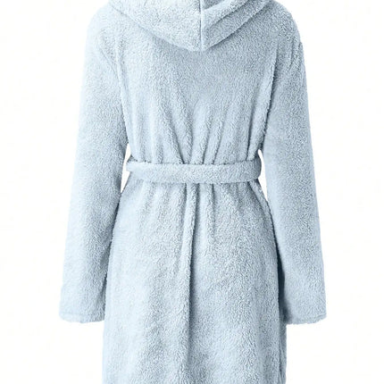 1 pezzo di vestaglia da donna con cappuccio in tinta unita con cintura, pigiama in pile accogliente e caldo per la casa in autunno e inverno.