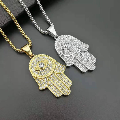 Collana con ciondolo mano di Fatima turca malocchio Hamsa Catene ghiacciate in acciaio inossidabile color oro per gioielli Hip Hop da donna