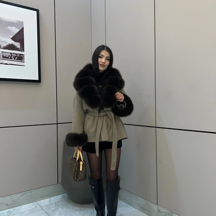 Lady Faux Fur Collar Cuffs Patchwork Short Overcoat  Belted Lace Up Loose Warm Jacket New Winter Daily Street Women's Outerwear