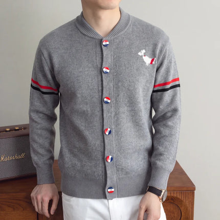 Fashion Men's Knit Cardigan High-End Brand Cartoon Dog Print Design Autumn Winter New Classic Striped Korean Casual Sweater Coat