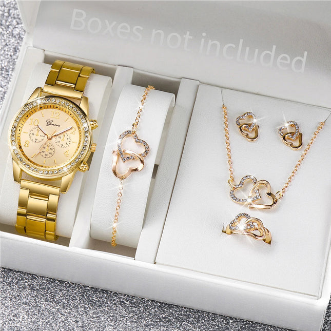6 pezzi/set orologio da donna moda strass cinturino in acciaio inossidabile orologio al quarzo doppio cuore set di gioielli (senza scatola) platinumshop