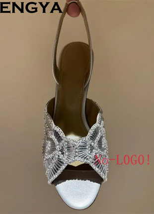 2026 Summer Trendy New Shiny Fish Mouth Toe Sexy Stiletto Sandals Woman Quality Sequined Thin High Heel Slippers for Women Shoes PlatiNum