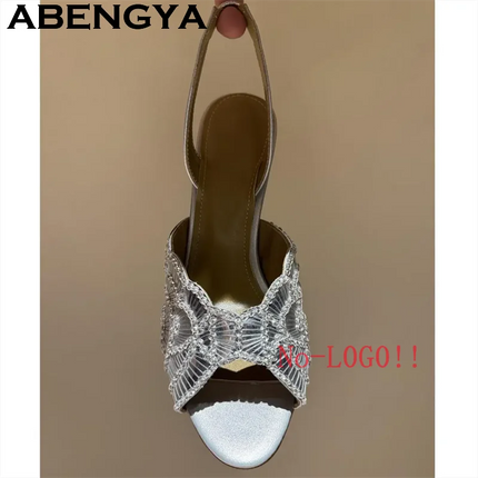 2026 Summer Trendy New Shiny Fish Mouth Toe Sexy Stiletto Sandals Woman Quality Sequined Thin High Heel Slippers for Women Shoes PlatiNum