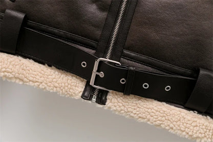 2024 New Woman's Fashion Thick Warm Faux Shearling Jacket Coat Vintage Long Sleeve Belt Hem Female Outerw