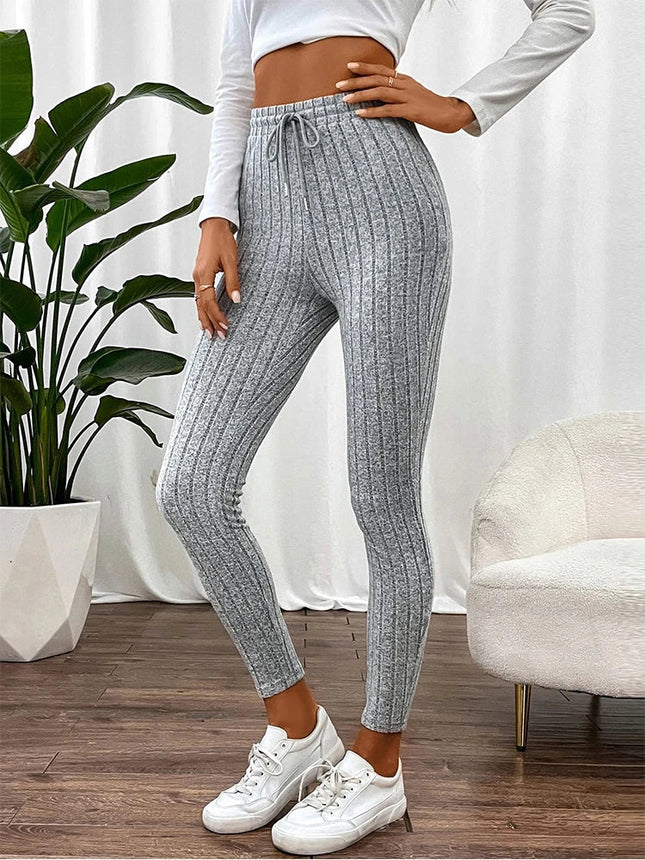 Casual Every Day Stretchy Women Drawstring Leggings High Waist Solid Color Breathable Sports Leggings Soft Comfortable Colthing PlatiNum