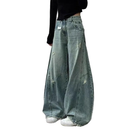 Jeans Vintage a Vita Alta con Effetto Invecchiato per Donna, Pantaloni Larghi a Gamba Dritta e Lunga per Primavera e Autunno