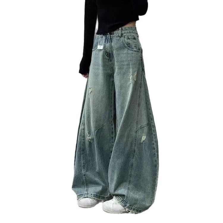 Jeans Vintage a Vita Alta con Effetto Invecchiato per Donna, Pantaloni Larghi a Gamba Dritta e Lunga per Primavera e Autunno