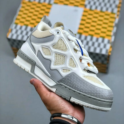 Unisex White‑Grey Mesh Leather Patchwork Low‑Top Sneakers, Geometric Cutout Thick Sole Lace‑Up Street Casual Skate Shoes