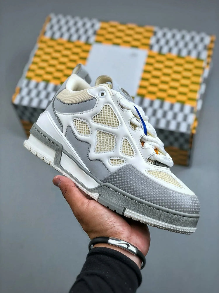 Unisex White‑Grey Mesh Leather Patchwork Low‑Top Sneakers, Geometric Cutout Thick Sole Lace‑Up Street Casual Skate Shoes