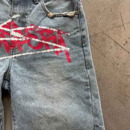 Y2K Graffiti Jorts Pantaloncini di jeans stampati effetto consumato con strass Uomo Donna Tendenza Retro Hip Hop Streetwear Pantaloni corti larghi unisex