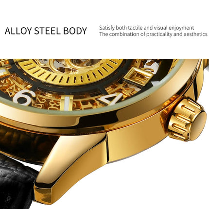 SKROX Original Gold Skeleton Automatic Movement Men's Watch Mechanical Waterproof Male Wrist Watches Leather Strap Luxury Clock