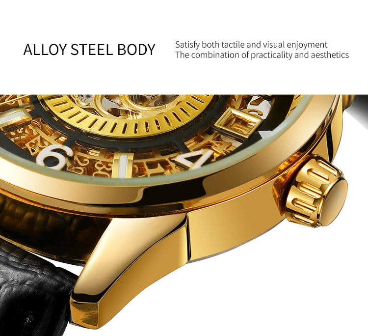SKROX Original Gold Skeleton Automatic Movement Men's Watch Mechanical Waterproof Male Wrist Watches Leather Strap Luxury Clock