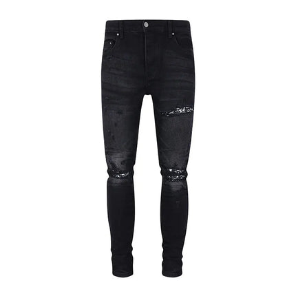 Designer street fashion men's jeans washed, elastic, slim fit, perforated, cashew flower patch, black denim high street pants, h PlatiNum