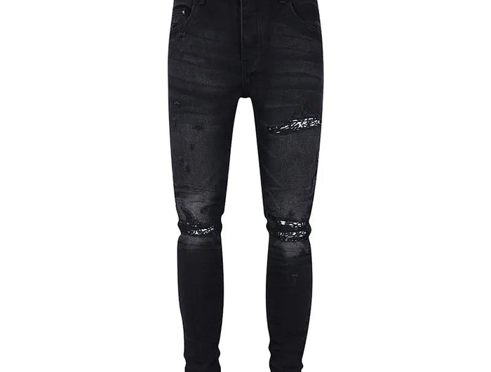 Designer street fashion men's jeans washed, elastic, slim fit, perforated, cashew flower patch, black denim high street pants, h PlatiNum
