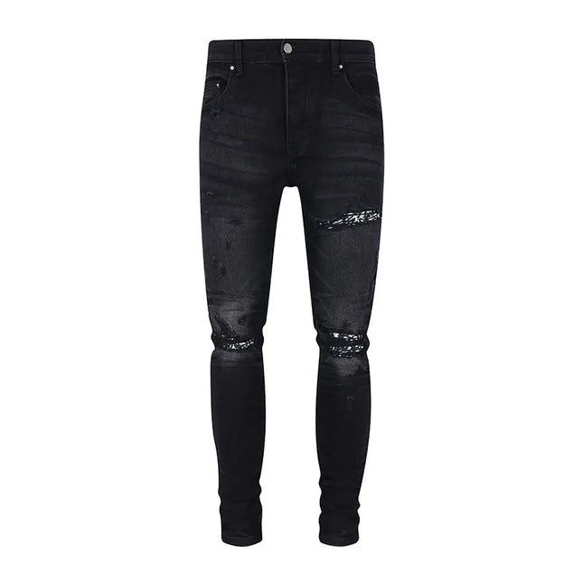 Designer street fashion men's jeans washed, elastic, slim fit, perforated, cashew flower patch, black denim high street pants, h PlatiNum