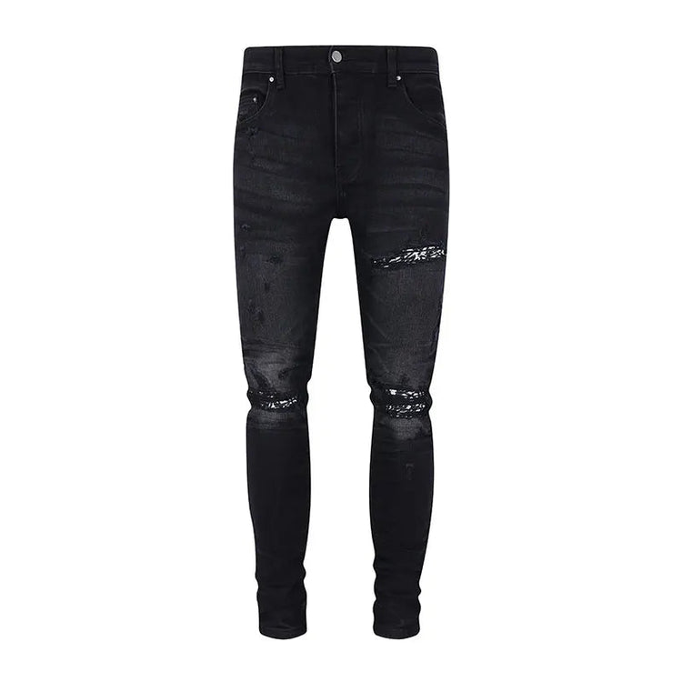 Designer street fashion men's jeans washed, elastic, slim fit, perforated, cashew flower patch, black denim high street pants, h PlatiNum