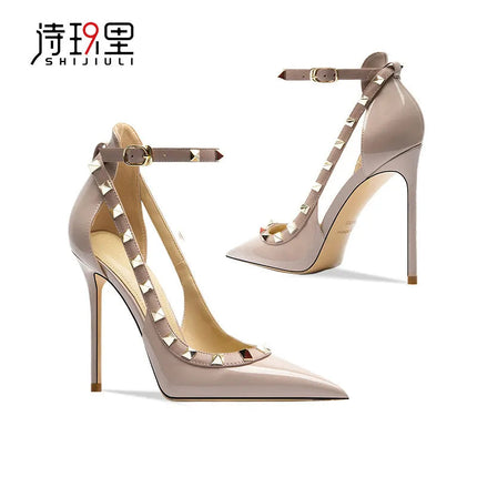 Sandali da donna primavera estate con rivetti Scarpe singole da donna con punta coperta e tacco alto Scarpe eleganti eleganti con cinturino alla caviglia platinumshop