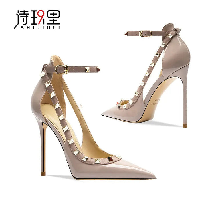 Sandali da donna primavera estate con rivetti Scarpe singole da donna con punta coperta e tacco alto Scarpe eleganti eleganti con cinturino alla caviglia platinumshop
