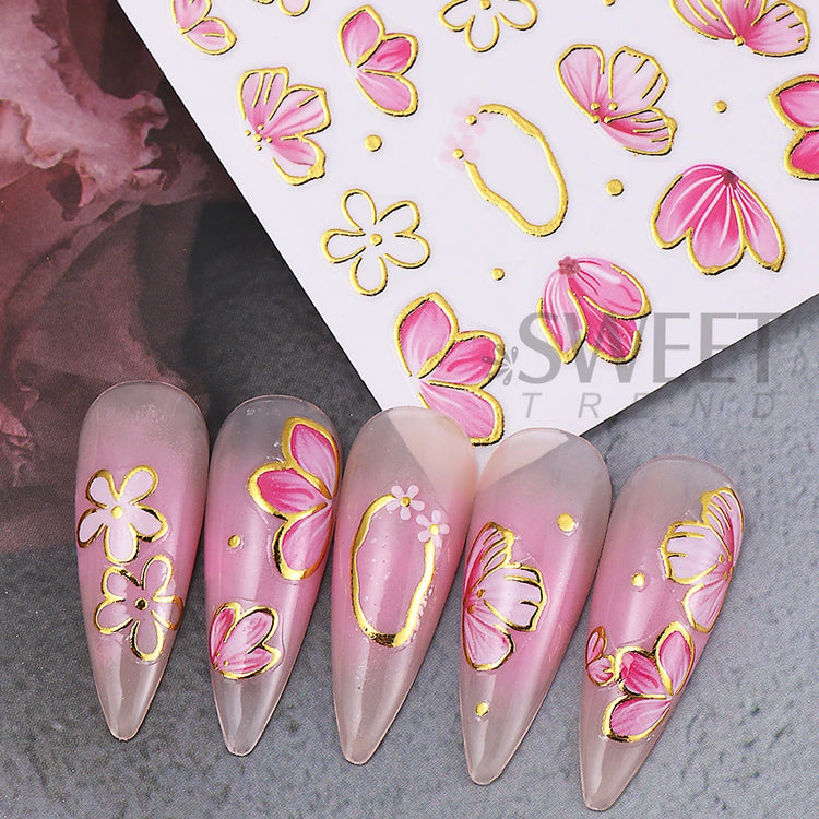 2/3pcs Golden Pink Hibiscus Flower Nail Stickers 3D Bronzing Border Petals Sakura Line Sliders Nail Decals DIY Manicure Decor