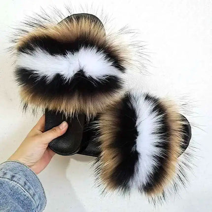 Real Raccoon Fur Slippers for Women 2023 Summer Fluffy Indoor Home Fuzzy Flat Slides Outdoor Fashion Beach Sandals Flip Flops