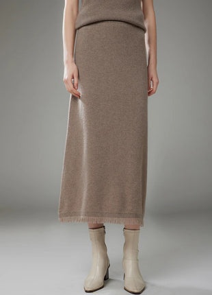 Women Cashmere A-Line Tassel Skirt High Waist Office Lady Retro Autumn Winter 100% Cashmere Knitwear Graceful Regular Fit Dress