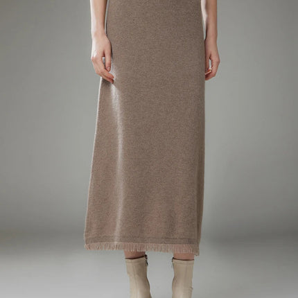 Women Cashmere A-Line Tassel Skirt High Waist Office Lady Retro Autumn Winter 100% Cashmere Knitwear Graceful Regular Fit Dress PlatiNum