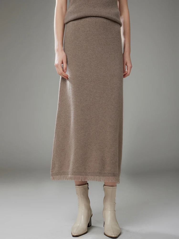 Women Cashmere A-Line Tassel Skirt High Waist Office Lady Retro Autumn Winter 100% Cashmere Knitwear Graceful Regular Fit Dress PlatiNum