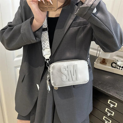 Chic SM Letter Camera Bags, Stylish Women’s Crossbody Small Square Purses with Wide Patterned Straps, Perfect for Daily Casual PlatiNum