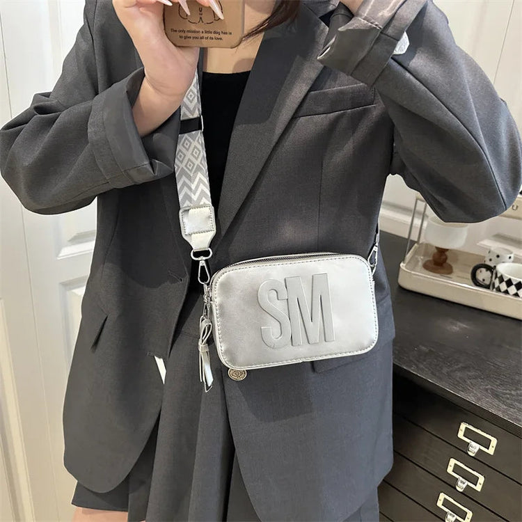 Chic SM Letter Camera Bags, Stylish Women’s Crossbody Small Square Purses with Wide Patterned Straps, Perfect for Daily Casual PlatiNum