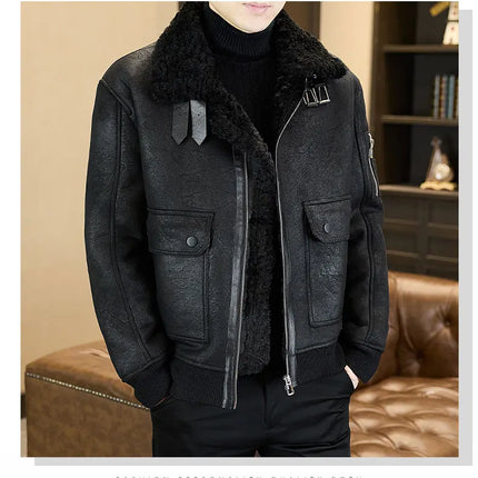 2025 Winter Fur Integrated Leather Jacket Men Thick Velvet Imitation Fur Leather Coat Loose Motorcycle Coat Casual Streetwear