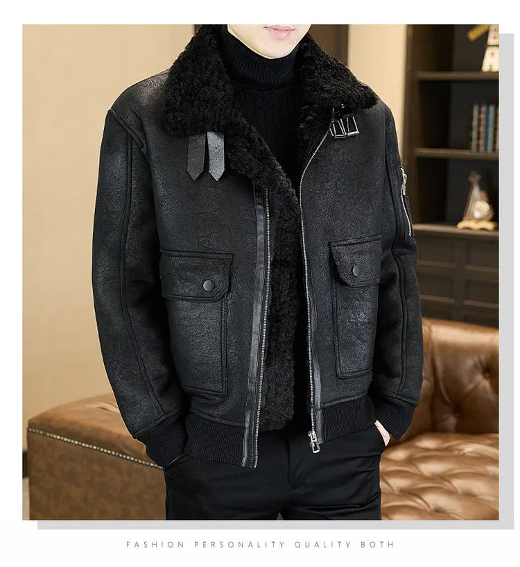 2025 Winter Fur Integrated Leather Jacket Men Thick Velvet Imitation Fur Leather Coat Loose Motorcycle Coat Casual Streetwear