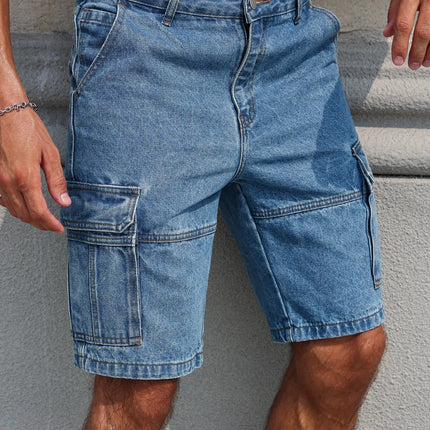 Pantaloncini in denim da lavoro estivi da uomo, stile multitasche blu. Elegante e casual, adatto per streetwear.