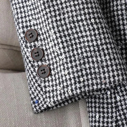 Women's Blazer Two-piece Set Spring Autumn New Fashion Glitter Vintage Suit Jacket Elegant Casual Shorts +Shiny Check Outwear Se