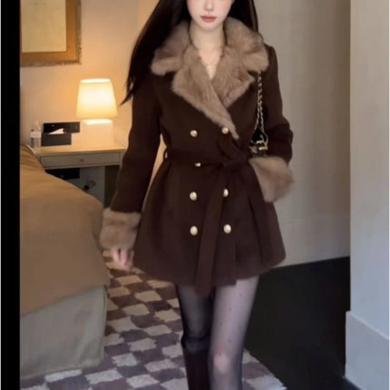 Winter Korean Fashion Wool Coat for Women Slim Fit Double Breasted Belted Fur Collar Jacket Elegant Chic Warm Long Outerwear