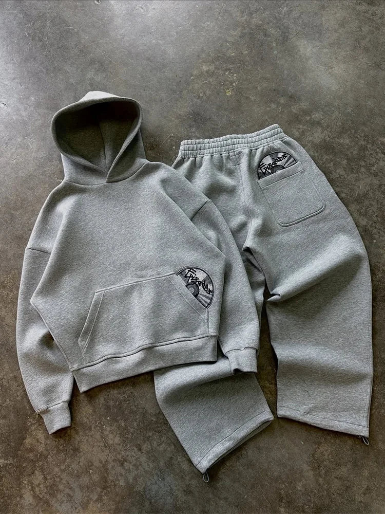 2026 Trendy High Street Retro Casual Streetwear Men's Sports Suit Y2K Harajuku Embroidered Hoodie men Hip-hop Loose Sweatpants PlatiNum