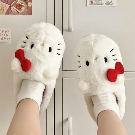 Cute Hello Kitty Anime Plush Slippers for Women, Sanrio Kawaii Cotton Shoes, Soft Student Bedroom Shoes, Girl Gifts for Winter Holidays