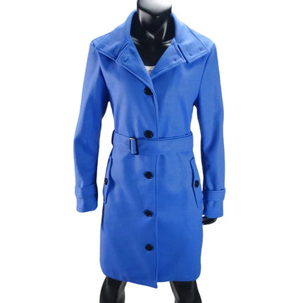 New Solid Color Button Long Wool Coat Autumn Warm Stand Collar Women Coat Fashion Ladies High Neck Pocket Belt Trench Coat