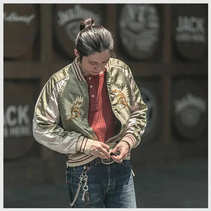 Non Stock Men's Yokosuka Baseball Jacket Dragon Tiger Falcon Embroidered Short Jacket PlatiNum