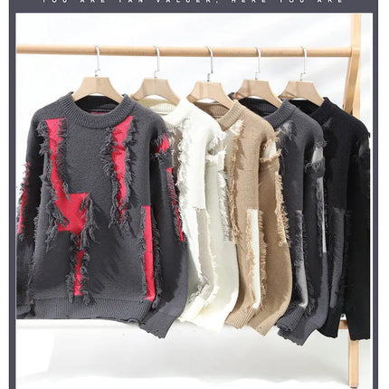 Ripped Sweater Men's Loose Crew Neck Knit Bottom Shirt Handsome Autumn Clothes on The Fashion  Sweater Pullover Sweater