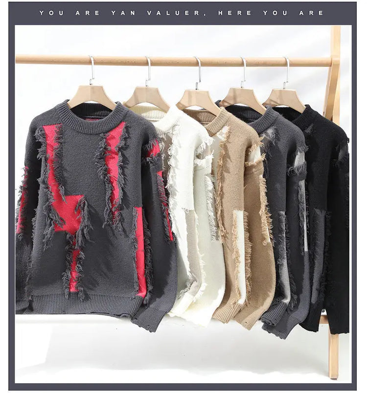 Ripped Sweater Men's Loose Crew Neck Knit Bottom Shirt Handsome Autumn Clothes on The Fashion  Sweater Pullover Sweater