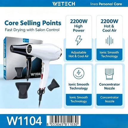 WETECH 2200W Professional Negative Ionic Hair Dryer Dual Voltage 100‑240V Adjustable Hot And Cool Wind Blow Dryer With Concentrator Nozzle Salon Home Hair Styling Tool