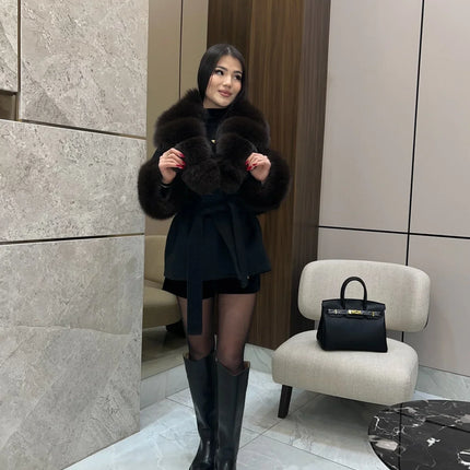 Lady Faux Fur Collar Cuffs Patchwork Short Overcoat  Belted Lace Up Loose Warm Jacket New Winter Daily Street Women's Outerwear